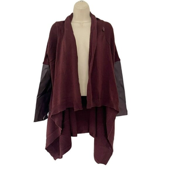BlankNYC Womens Sz M Wine Burgundy Faux Leather Trim Cardigan Sweater NWT - Picture 2 of 8